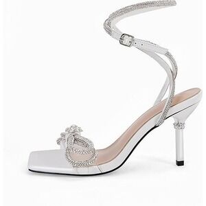 Coutgo Womens Rhinestone Bow Heels Sandals Strappy Lace Up Pumps - Size 8